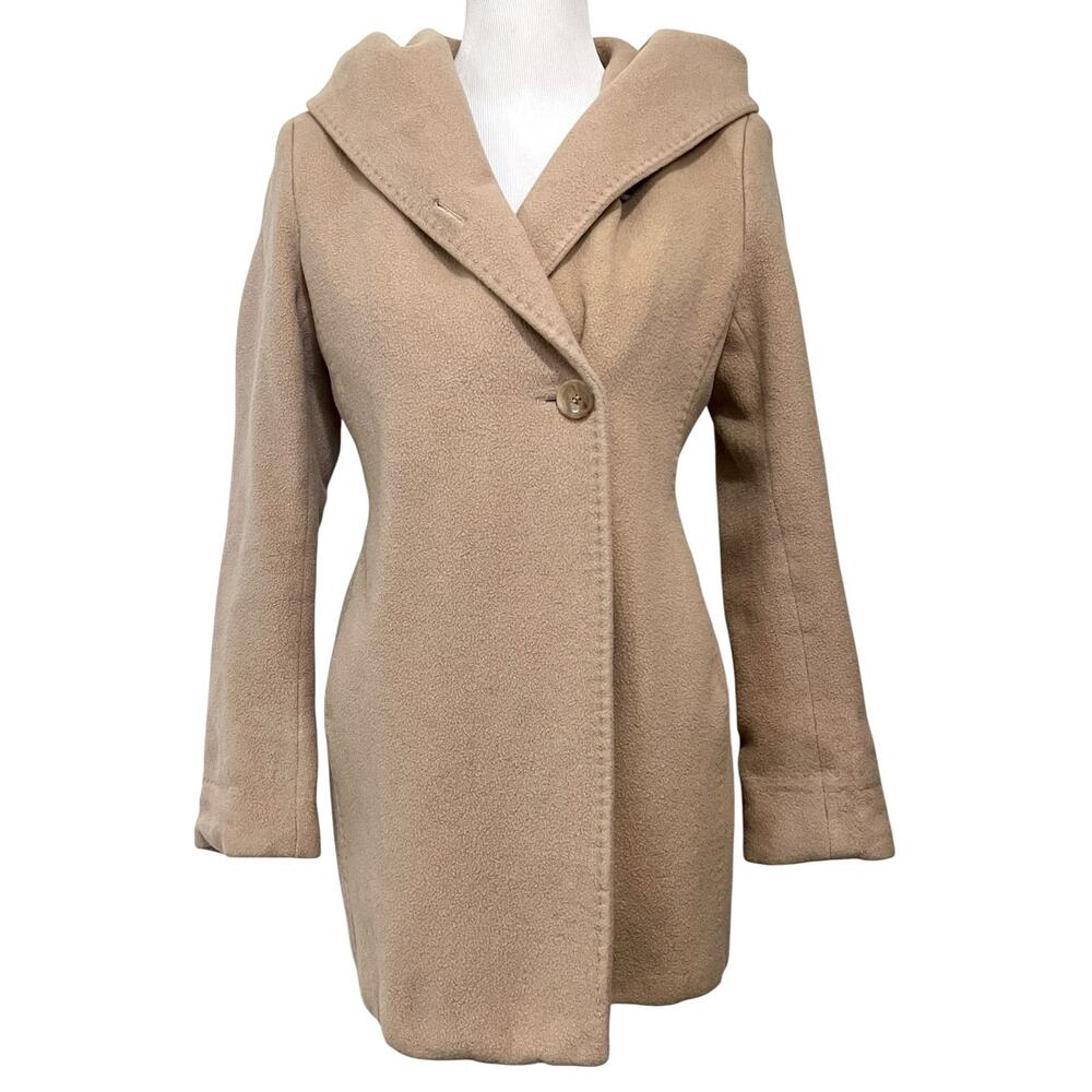 Calvin Klein Top Coat Overcoat Womens Wool Angora Beige Hooded Shawl Collar Sz 4